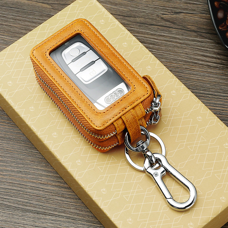 Amazon Genuine Leather Men's Car Key Case Oil Wax Leather Double Layer Zipper Key Case European and American Transparent Key Case