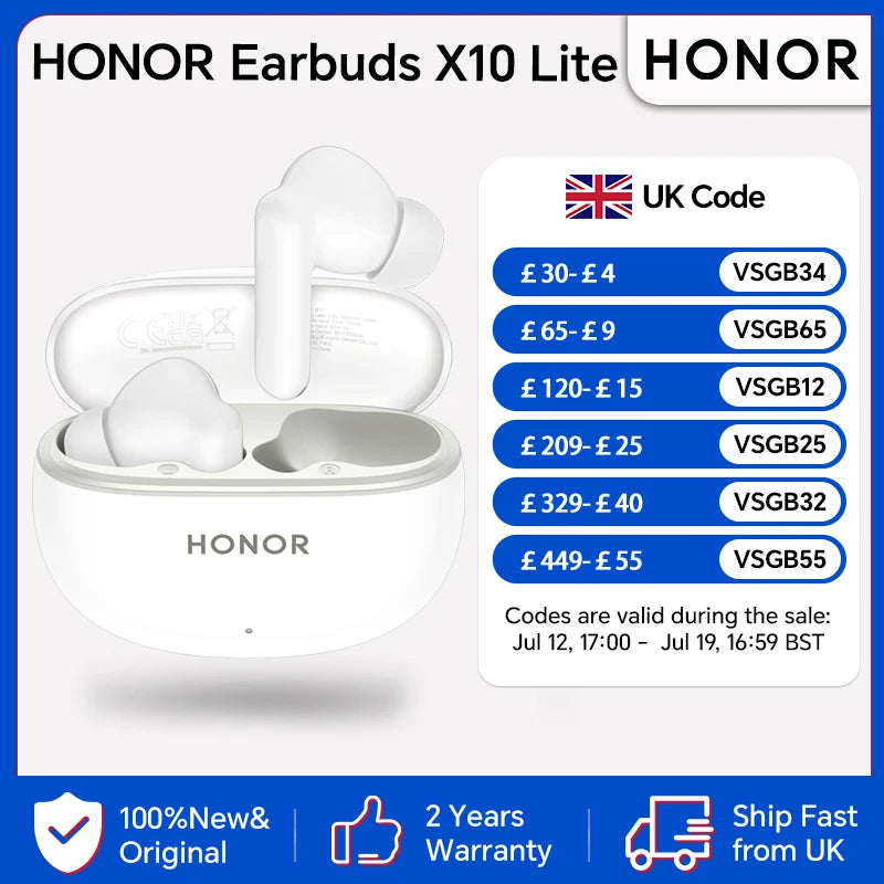 HONOR Earbuds X10 Lite,42dB Deep ANC,12.4mm Ultra-Large Speaker,45-Hour Battery Life,AI Translation, TWS, White