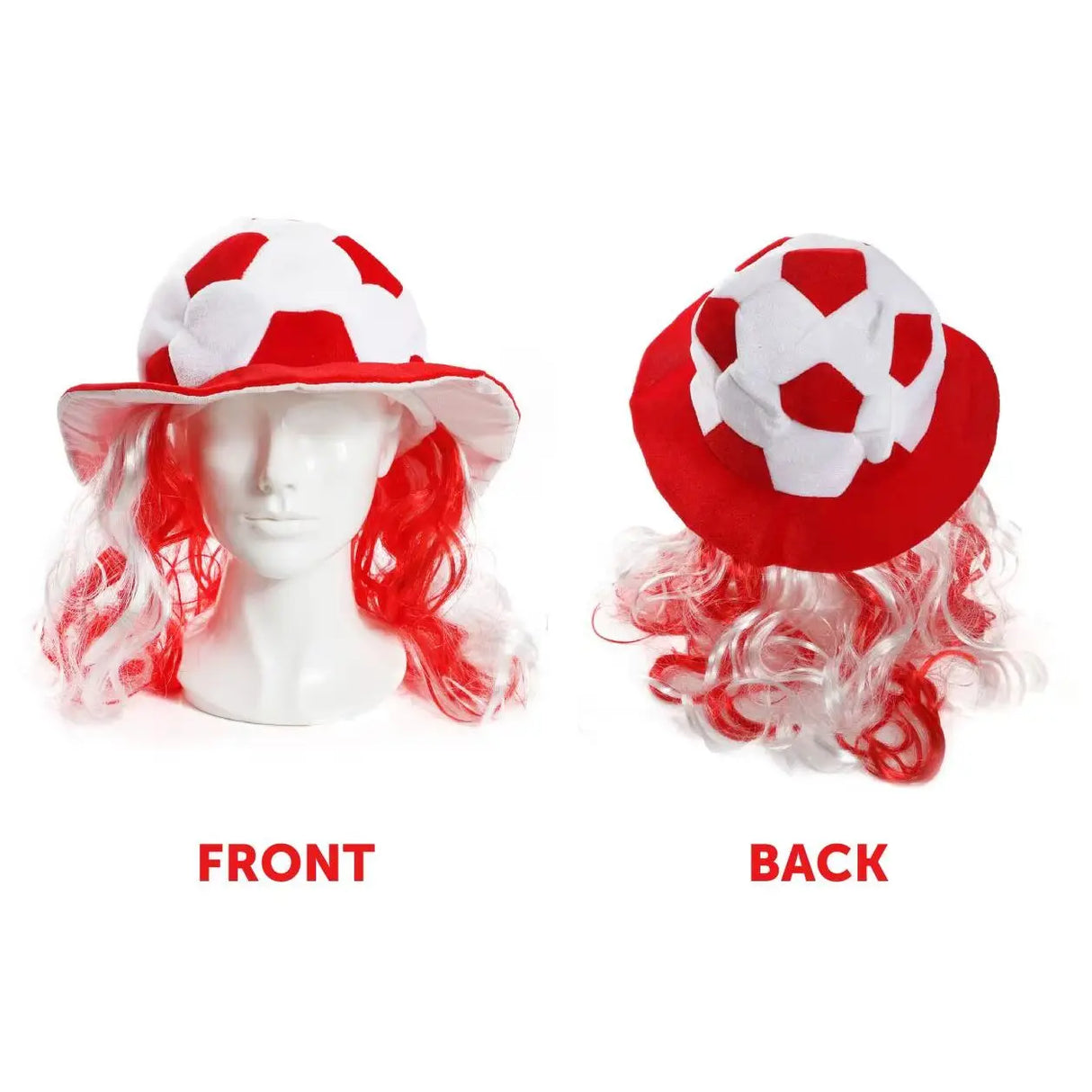 Football Hat - Red & White Football Hat with Attached Red & White Hair - Adults Sports Supporters World Cup Euros Accessory