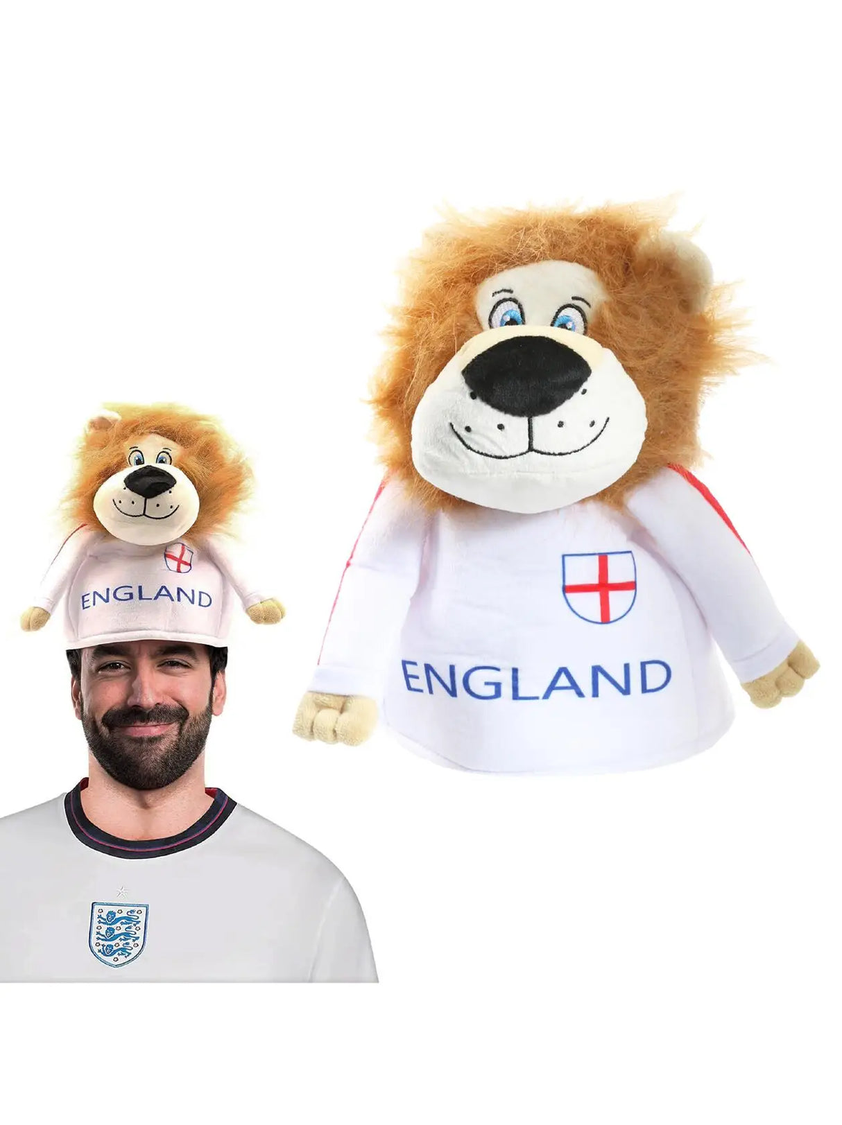 Plush Lion Novelty Hat – Fun England Supporters Hat with Mane & Shirt – One Size – Perfect for Football, Rugby & Celebrations