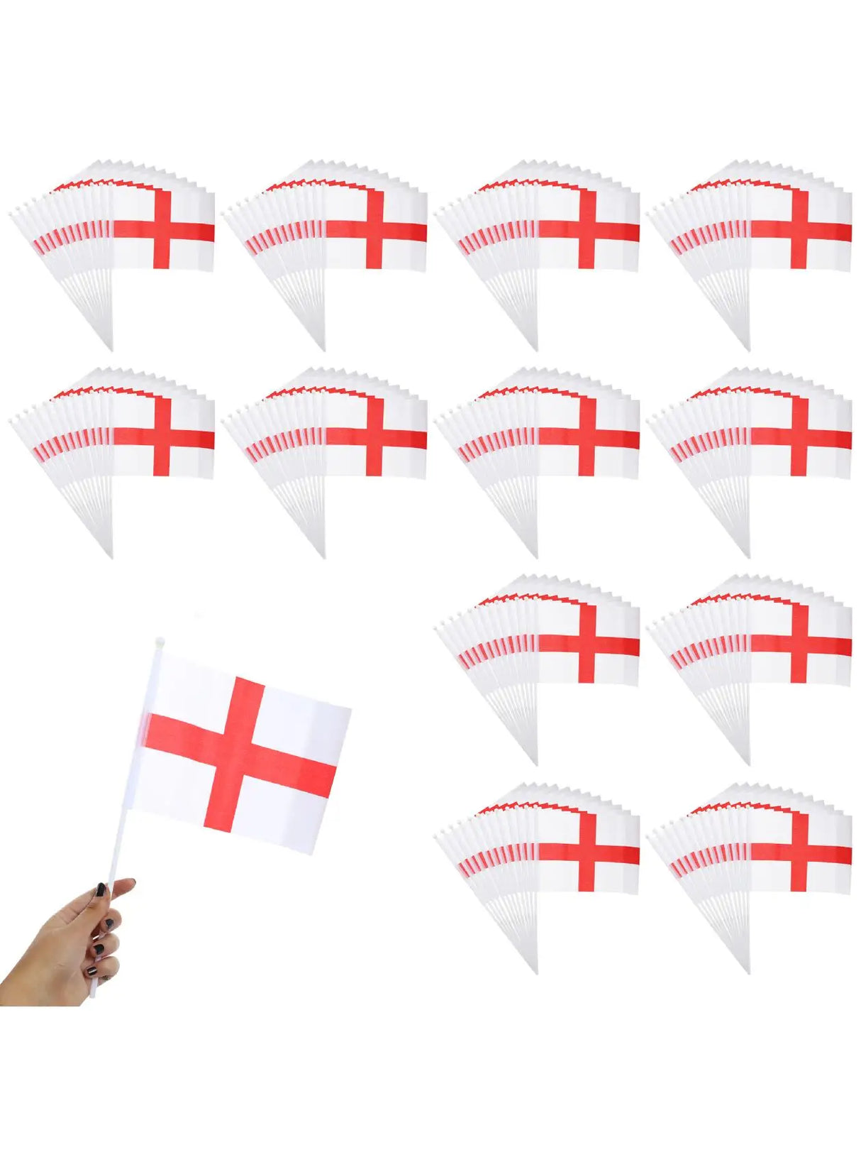 Pack of 12 St George England Hand-Waving Flags - 20x15cm Flags on 35cm Sticks, Perfect for Sports Events, National Celebrations