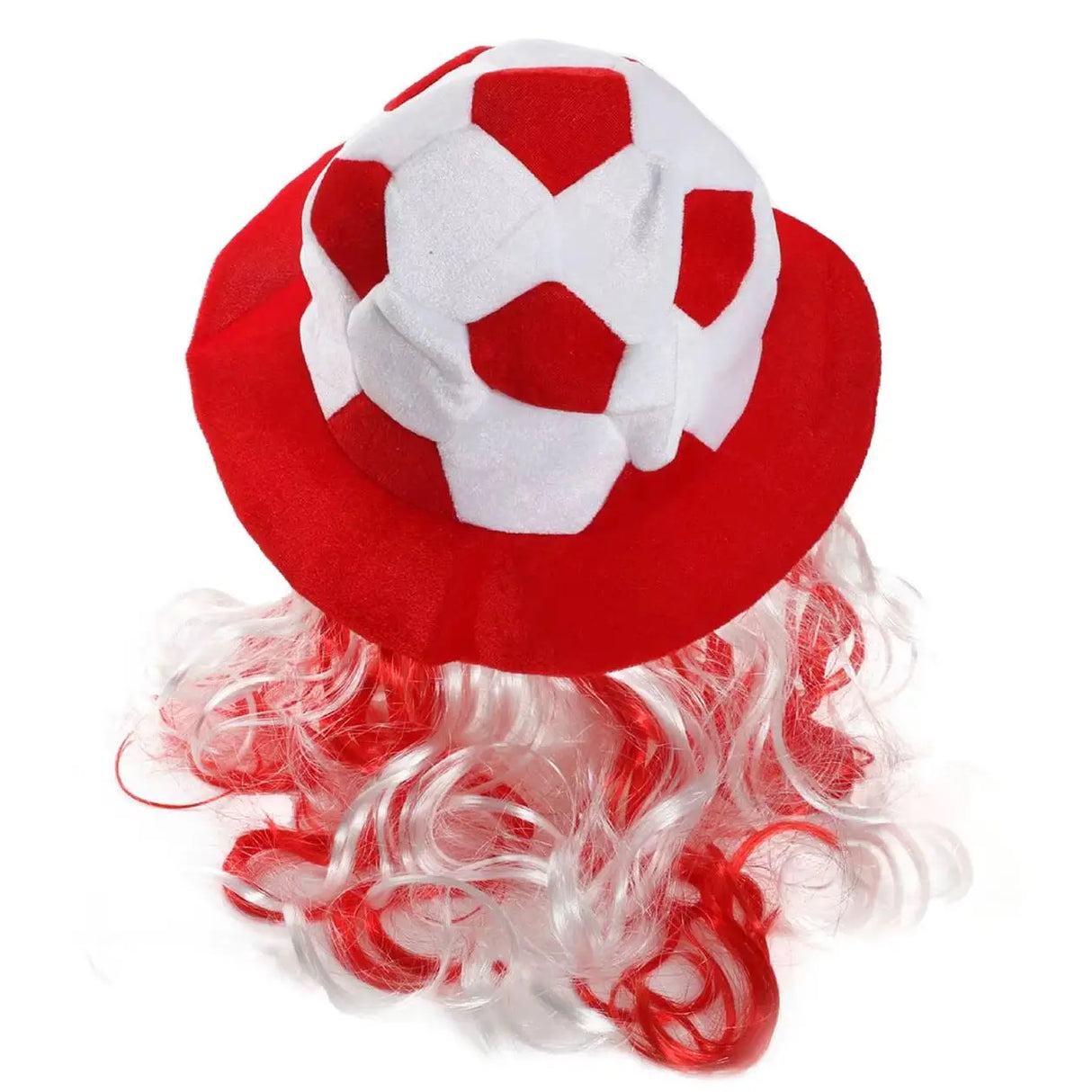 Football Hat - Red & White Football Hat with Attached Red & White Hair - Adults Sports Supporters World Cup Euros Accessory