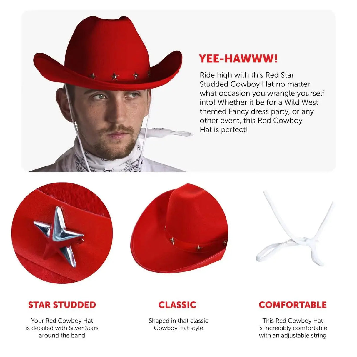 Pack of 3 Red Star Studded Cowboy Hat