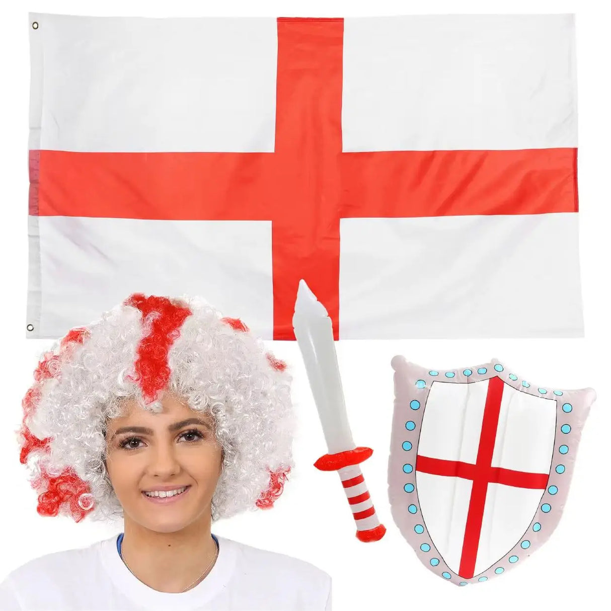 Red & White England Afro Wig, 5ft x 3ft Flag & Inflatable Sword & Shield - St Georges Day Set - Six Nations Rugby or Football
