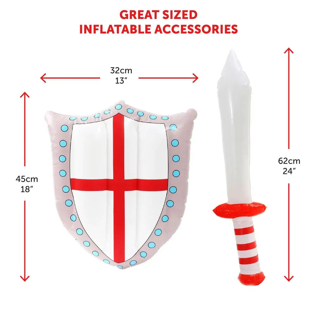 Red & White England Afro Wig, 5ft x 3ft Flag & Inflatable Sword & Shield - St Georges Day Set - Six Nations Rugby or Football
