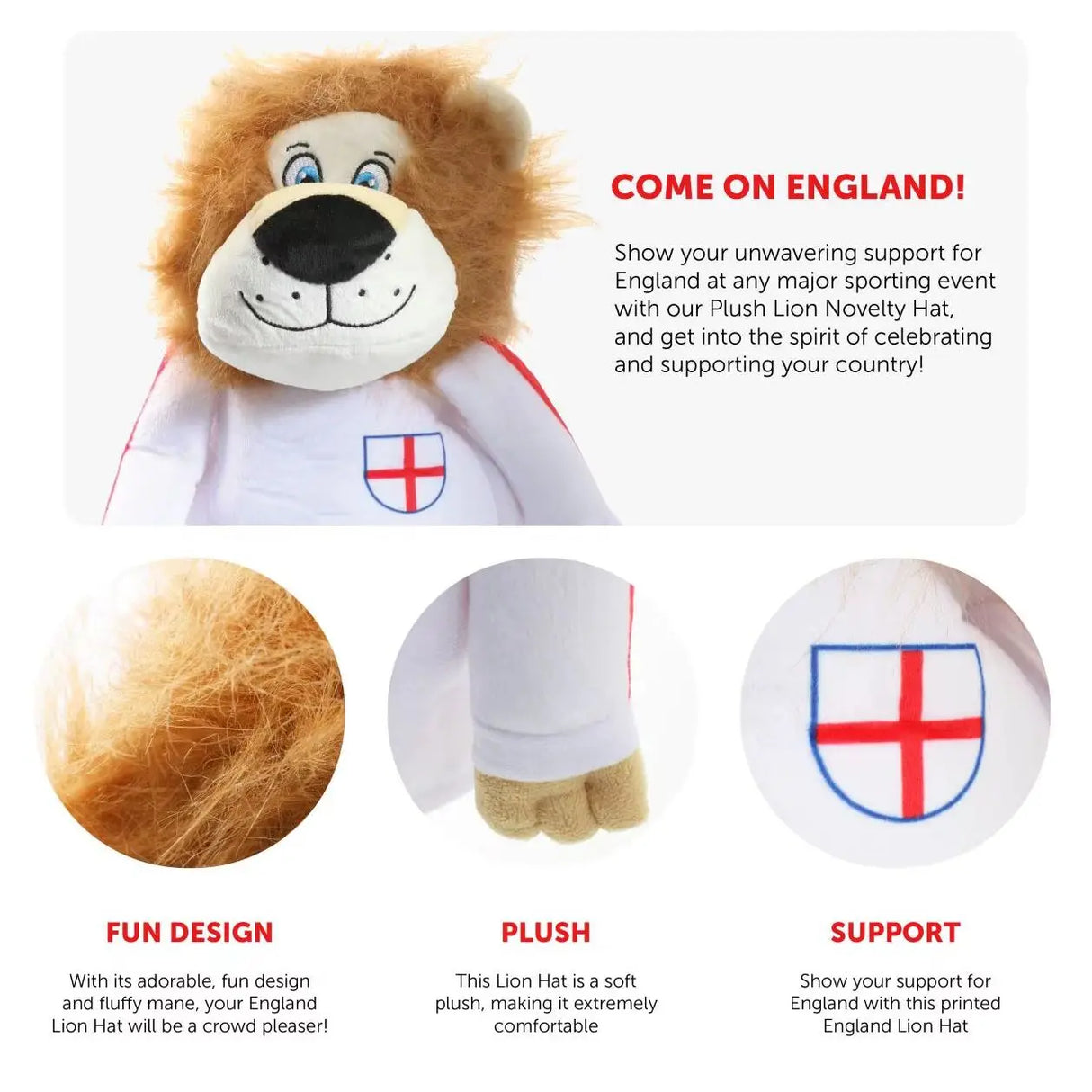 Plush Lion Novelty Hat – Fun England Supporters Hat with Mane & Shirt – One Size – Perfect for Football, Rugby & Celebrations