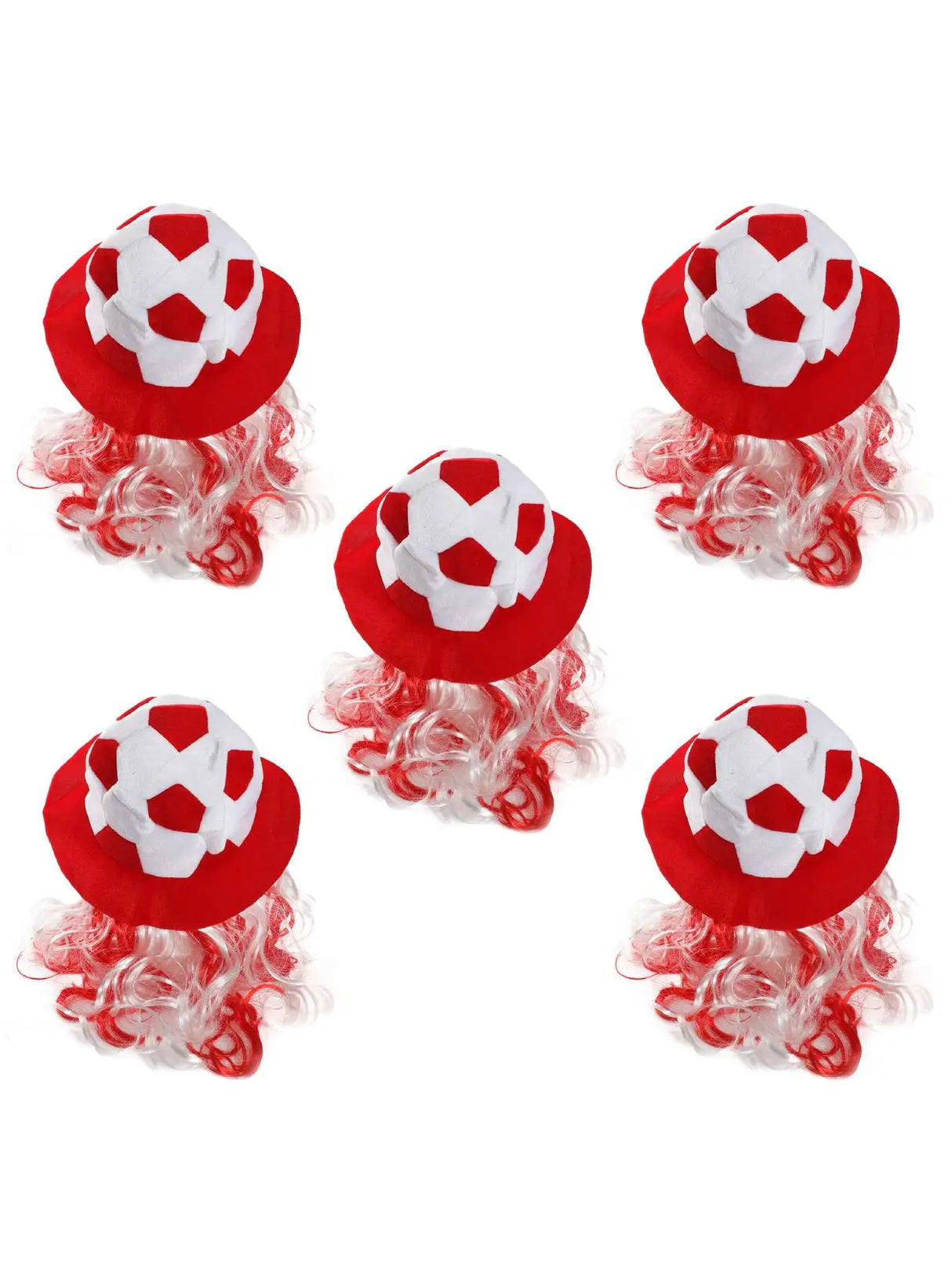 Football Hat - Red & White Football Hat with Attached Red & White Hair - Adults Sports Supporters World Cup Euros Accessory