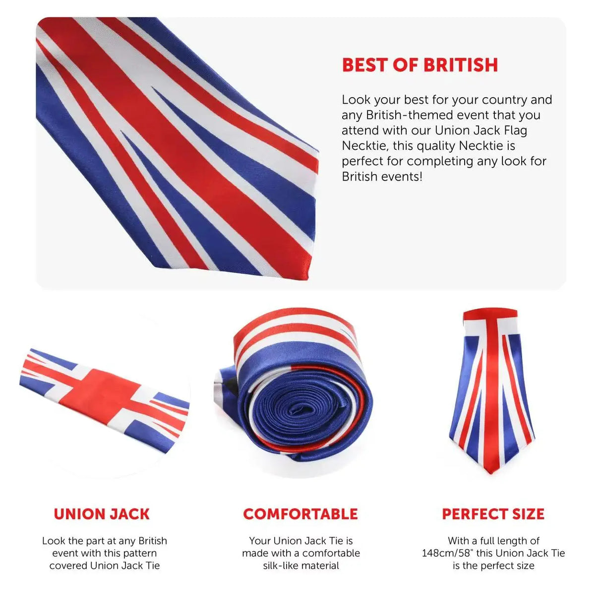 Union Flag Necktie – 58" Long, One Size Fits All – Perfect for VE Day UK