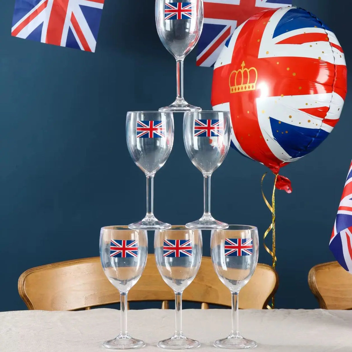 Pack of 12 Union Flag Plastic Wine Glasses - 300ml/10oz Durable, Reusable Cups for Parties, BBQs & British Celebrations