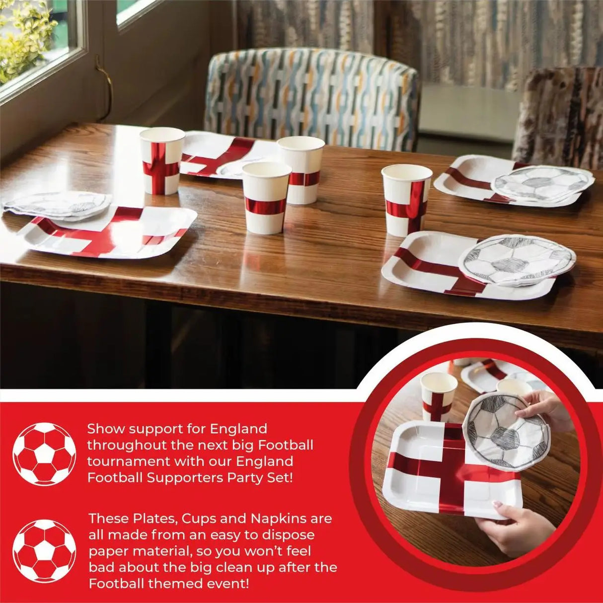 40pc England Football Party Set - 10 Plates, 10 Cups & 20 Football Napkins - Perfect for English Football Events & Celebrations!