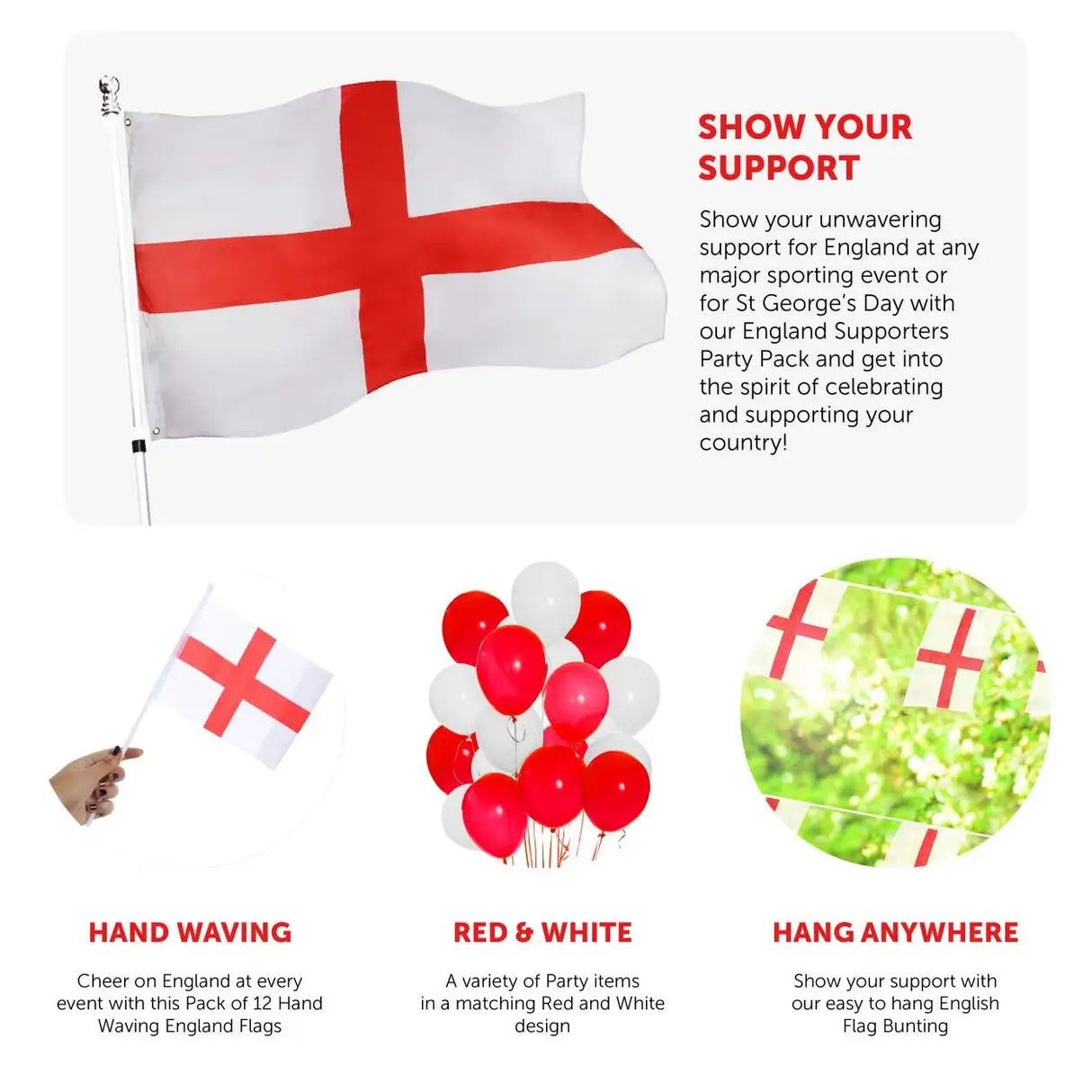England Party Pack - Large Flags, Bunting, Hand-Waving Flags, Curling Ribbon & Balloons - Euro & Sports Supporters Decor