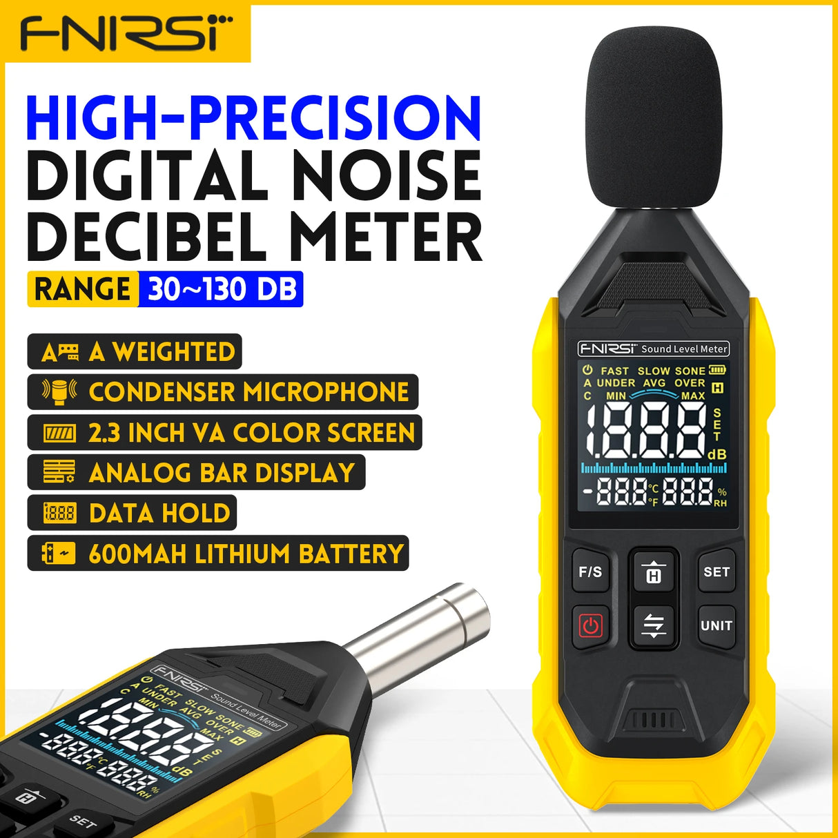 FNIRSI FDM01 Digital Noise Meter Sound Level Meter Handheld DB Meter 30~130dB Audio Measuring Instrument 600mah lithium Battery