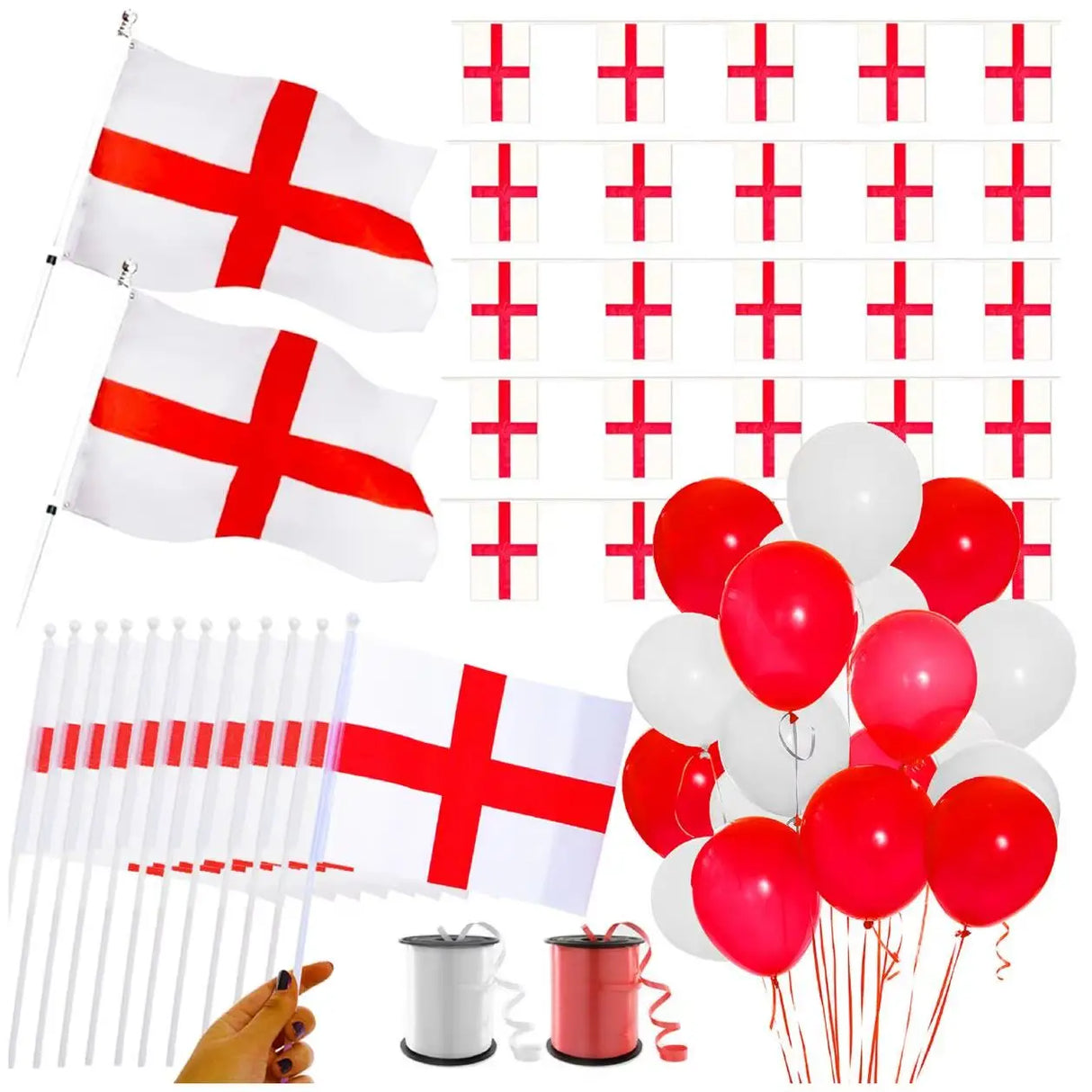 England Party Pack - Large Flags, Bunting, Hand-Waving Flags, Curling Ribbon & Balloons - Euro & Sports Supporters Decor
