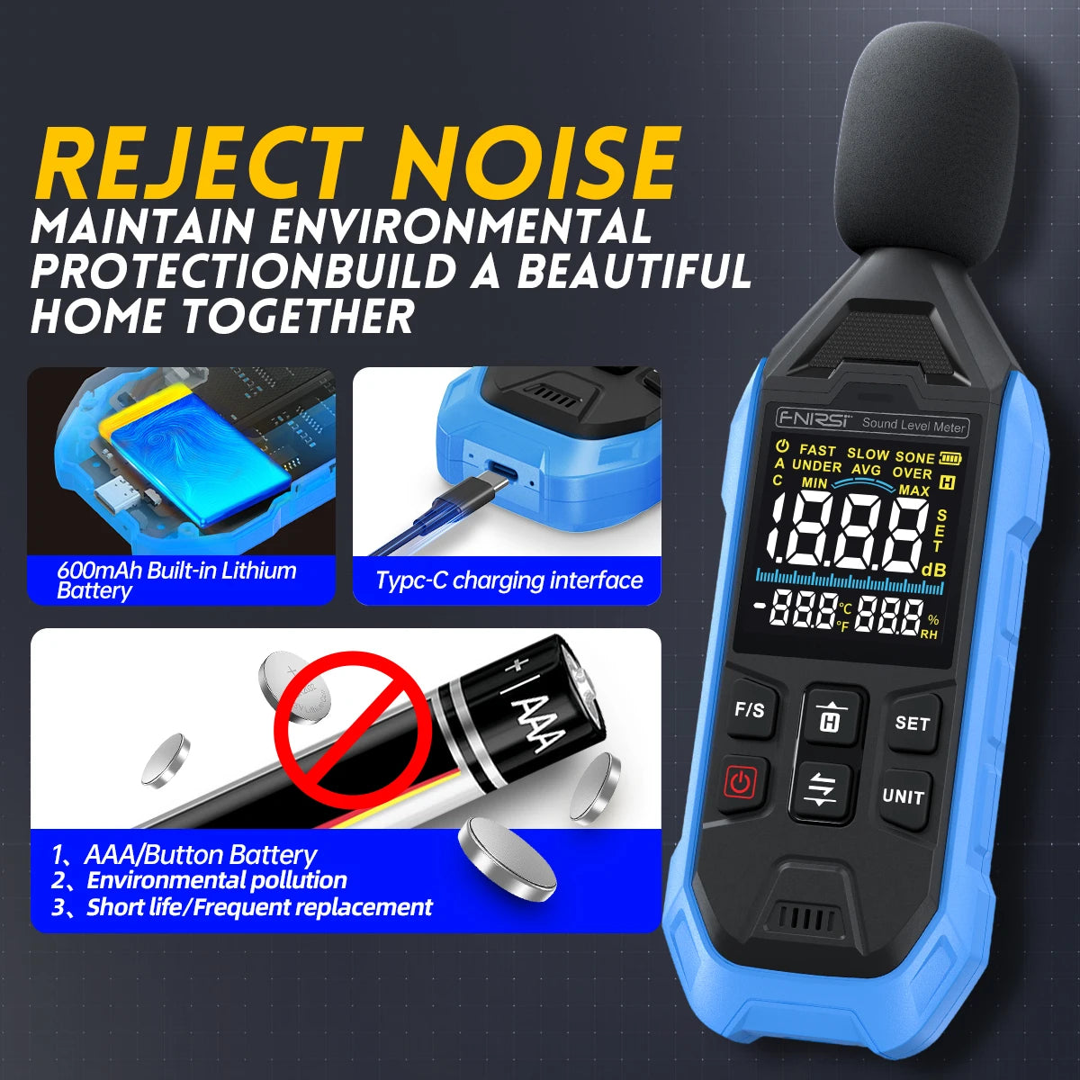 FNIRSI FDM01 Digital Noise Meter Sound Level Meter Handheld DB Meter 30~130dB Audio Measuring Instrument 600mah lithium Battery