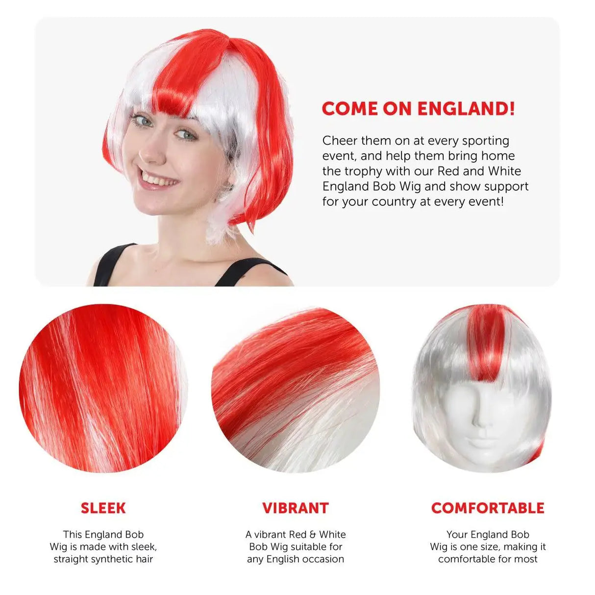 England Flag Bob Wig - St Georges Day Fancy Dress Costume Accessory - Football, Rugby Sport Fans - Great for Parties
