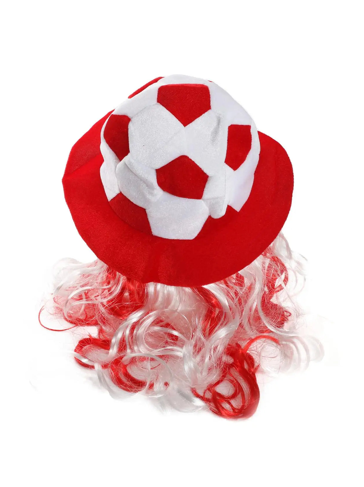Football Hat - Red & White Football Hat with Attached Red & White Hair - Adults Sports Supporters World Cup Euros Accessory