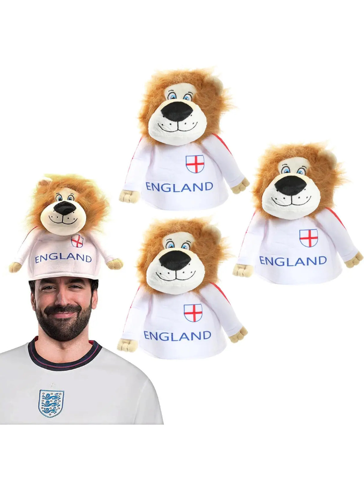 Plush Lion Novelty Hat – Fun England Supporters Hat with Mane & Shirt – One Size – Perfect for Football, Rugby & Celebrations