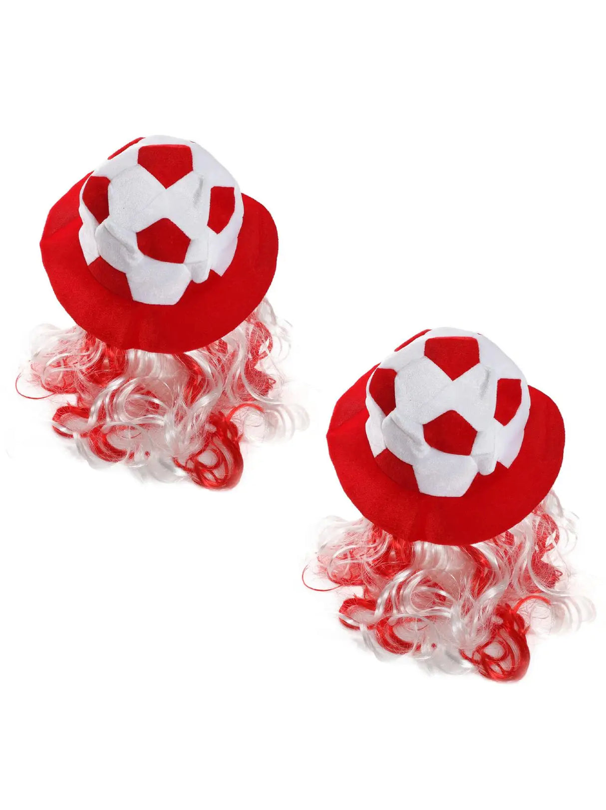 Football Hat - Red & White Football Hat with Attached Red & White Hair - Adults Sports Supporters World Cup Euros Accessory