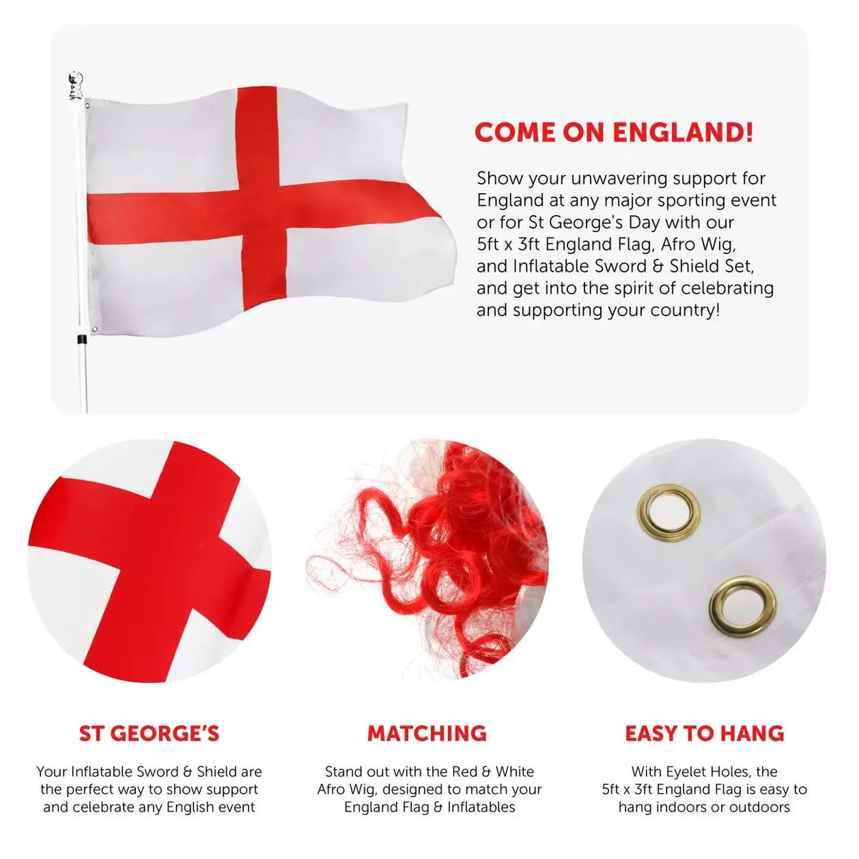 Red & White England Afro Wig, 5ft x 3ft Flag & Inflatable Sword & Shield - St Georges Day Set - Six Nations Rugby or Football