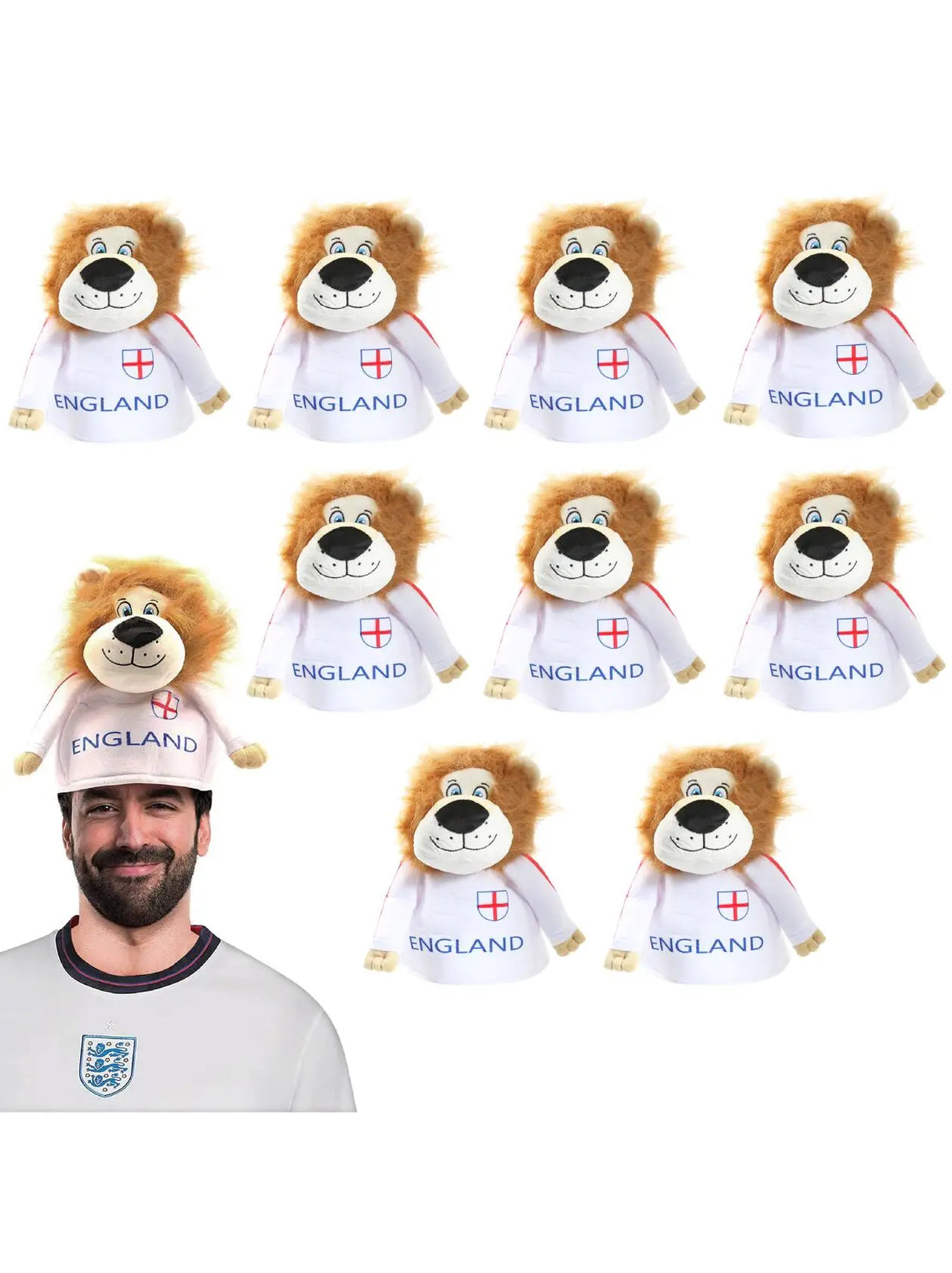 Plush Lion Novelty Hat – Fun England Supporters Hat with Mane & Shirt – One Size – Perfect for Football, Rugby & Celebrations