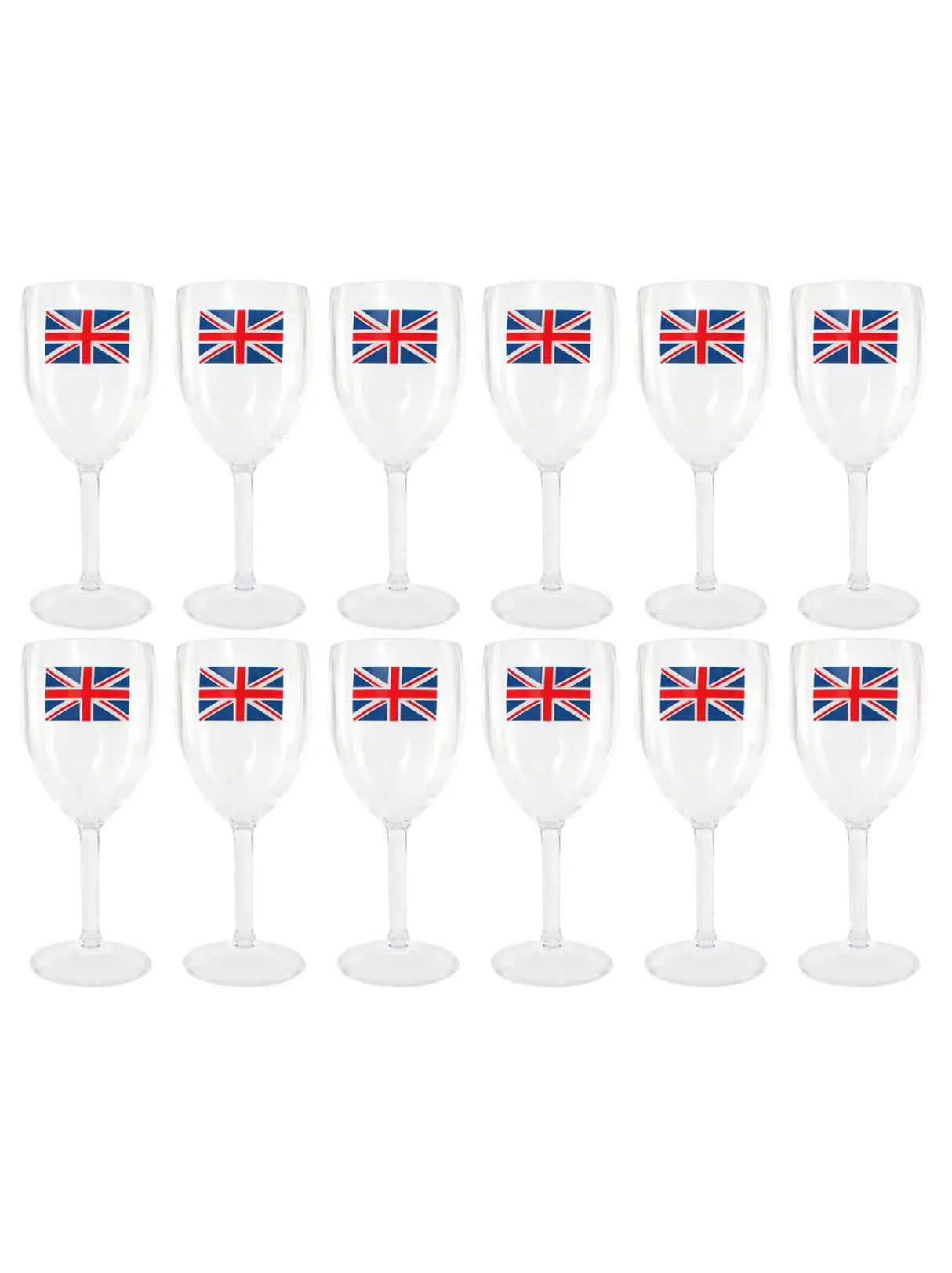 Pack of 12 Union Flag Plastic Wine Glasses - 300ml/10oz Durable, Reusable Cups for Parties, BBQs & British Celebrations