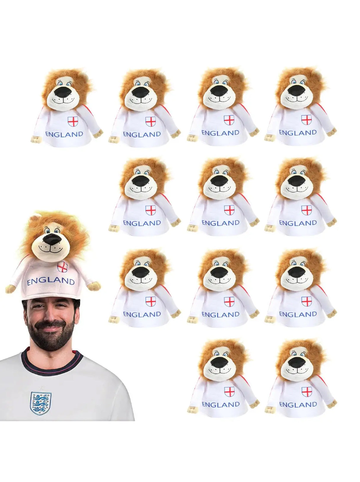 Plush Lion Novelty Hat – Fun England Supporters Hat with Mane & Shirt – One Size – Perfect for Football, Rugby & Celebrations
