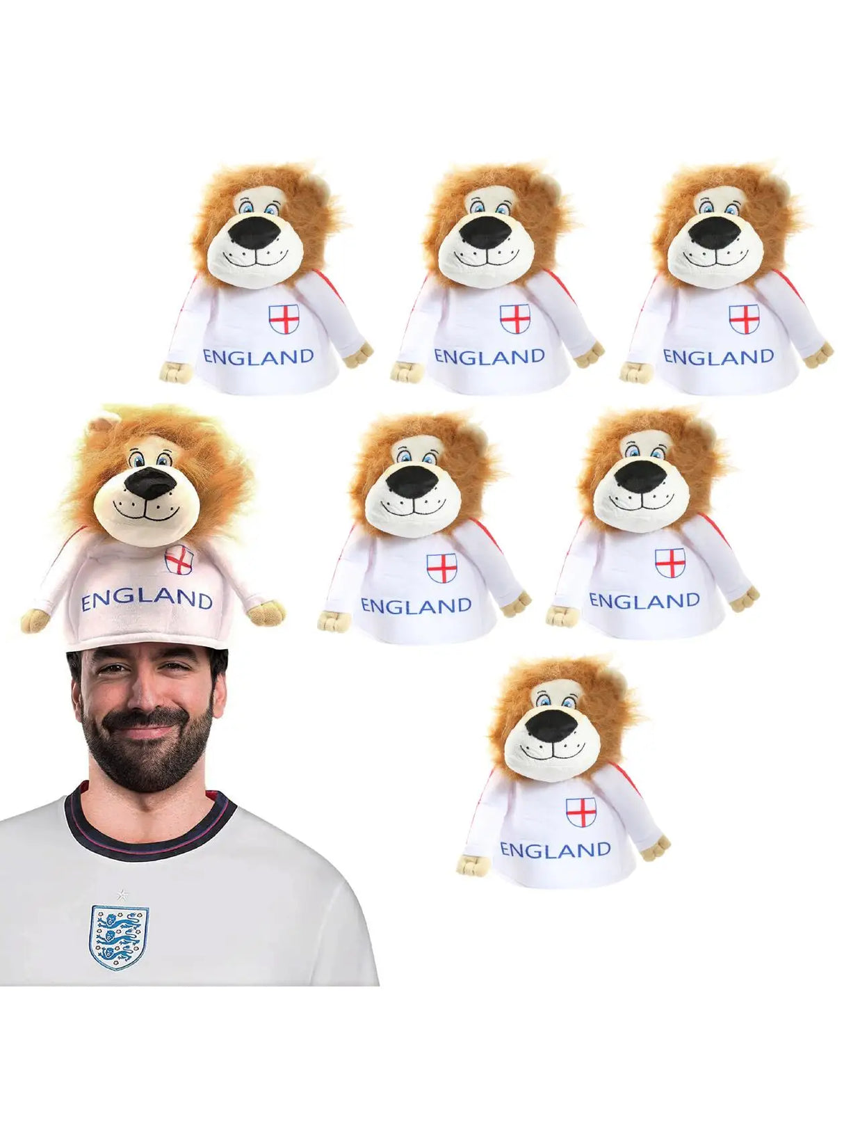 Plush Lion Novelty Hat – Fun England Supporters Hat with Mane & Shirt – One Size – Perfect for Football, Rugby & Celebrations