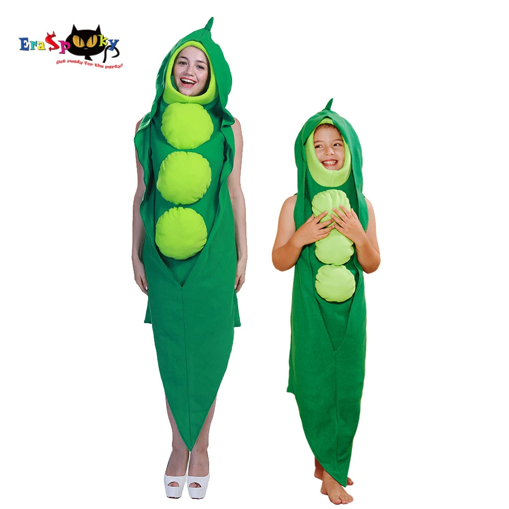 Eraspooky Funny Cartoon Green Pea Pod Costume Family Matching Outfit Adult Food Jumpsuit Purim Carnival Party Halloween Costume
