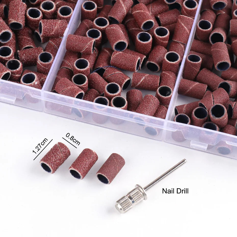 210pcs/Box Sanding Cap Bands For Electric Manicure Machine 180/120/80 Grit Nail Drill Grinding Bit Files Pedicure Tool Set