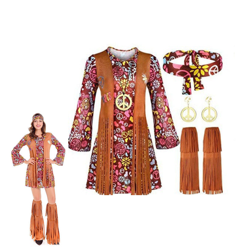 Fringed hippie costume cross-border women's retro hippie costume dress halloween cos costume spot