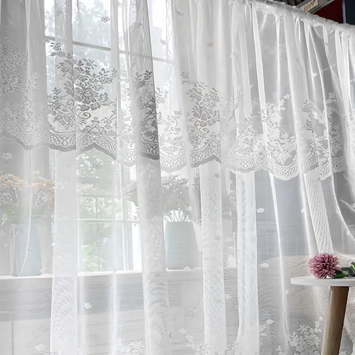 Cross-border double-row lace curtain wearing rod lace short curtain finished curtain bay window kitchen partition curtain window screen TEMU