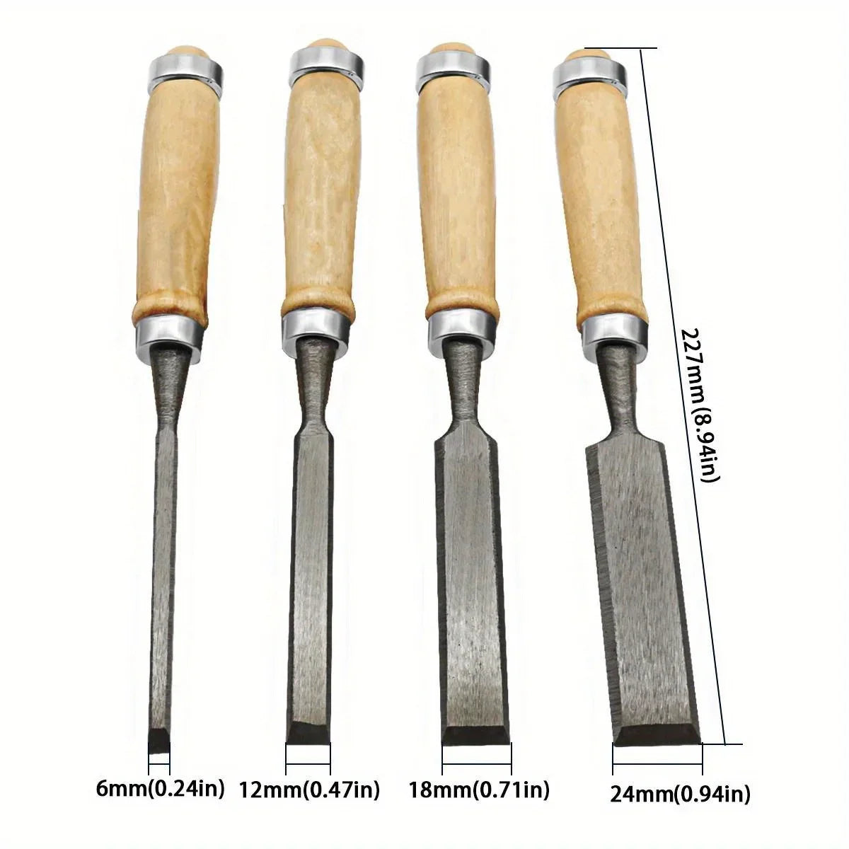 4 Pcs 8/12/16/20mm Comfortable Beech Handle Wood Chisel with Wood Handles - Ergonomic Wood Carving Tools DIY Auxiliary Tools