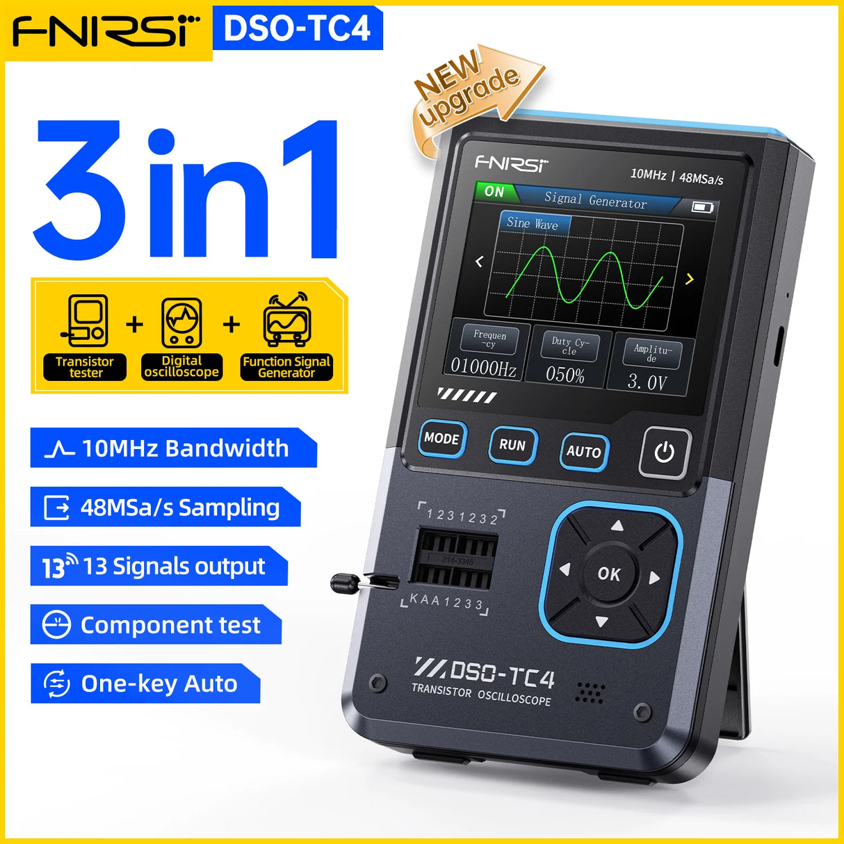 FNIRSI DSO-TC4 3in1 Digital Oscilloscope Transistor Tester Signal Generator 10MHz 48Ms/s Automative Ocsillscope LCR Tester Tools