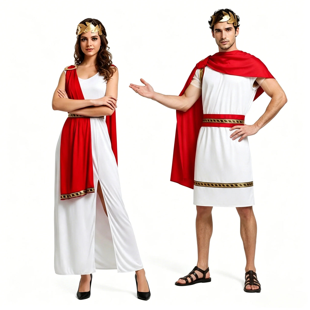 Roman Greek Costume Adult Men Women Couple Toga White Tunic Red Cape Gold Laurel Wreath Halloween Carnival Cosplay Outfit Set
