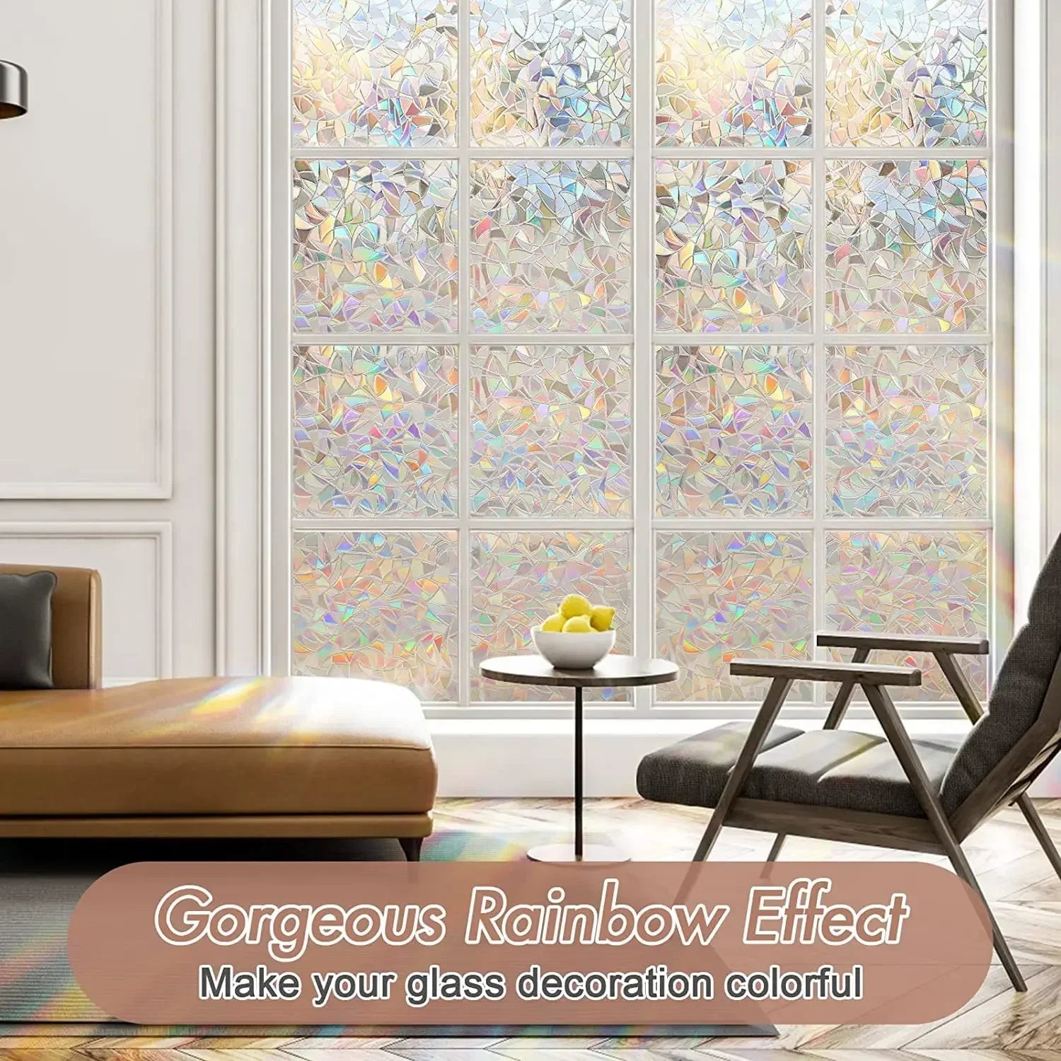Window Privacy Film Rainbow Static Cling Stained Glass Film Window Covering Sticker Non-Adhesive Removable Reflective for Home