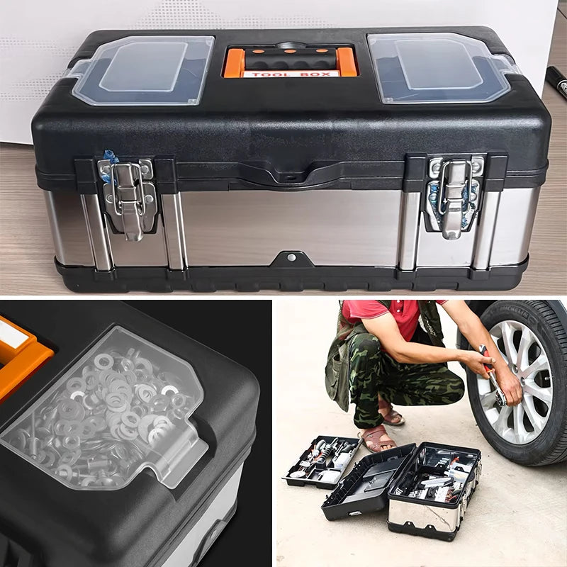 Household portable stainless steel tool box storage box industrial grade empty large toolbox suitcase metal tool organizer box