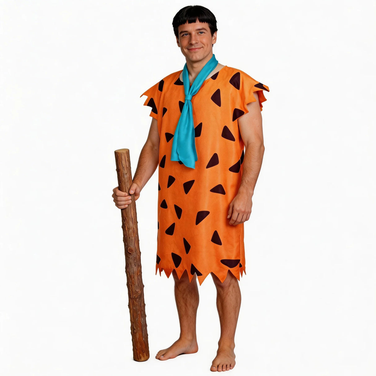 The Flintstones Fred Flintstone Caveman Cosplay Complete Outfit Orange Printed Tunic Blue Scarf Halloween Carnival Party Disfraz