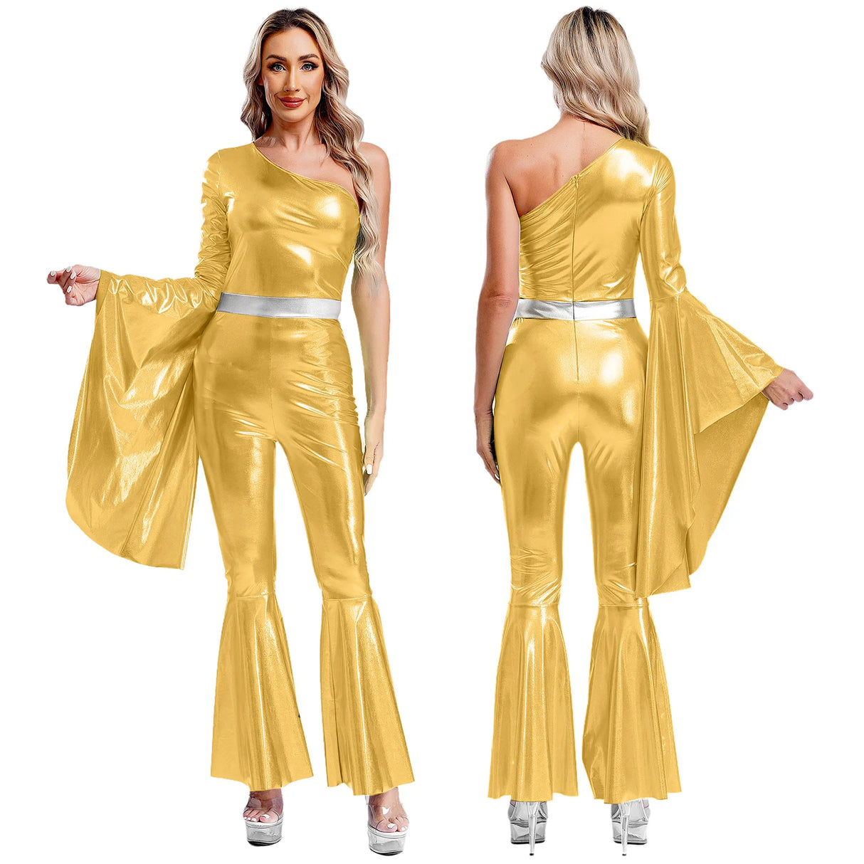 Womens 60 70s Disco Costume Hippie Outfits Halloween Carnival Party Hip-hop Dance Costumes Shiny Metallic Bodysuit Jumpsuit