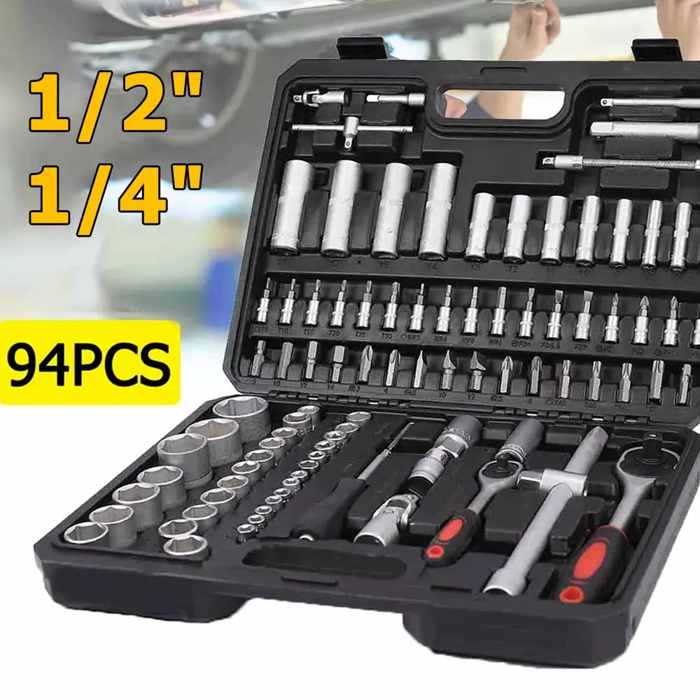 Professional 94Pcs 1/2" & 1/4" Drive Socket Set Screwdriver Bits Ratchet Torque Wrench For Car Repair Kit with Black