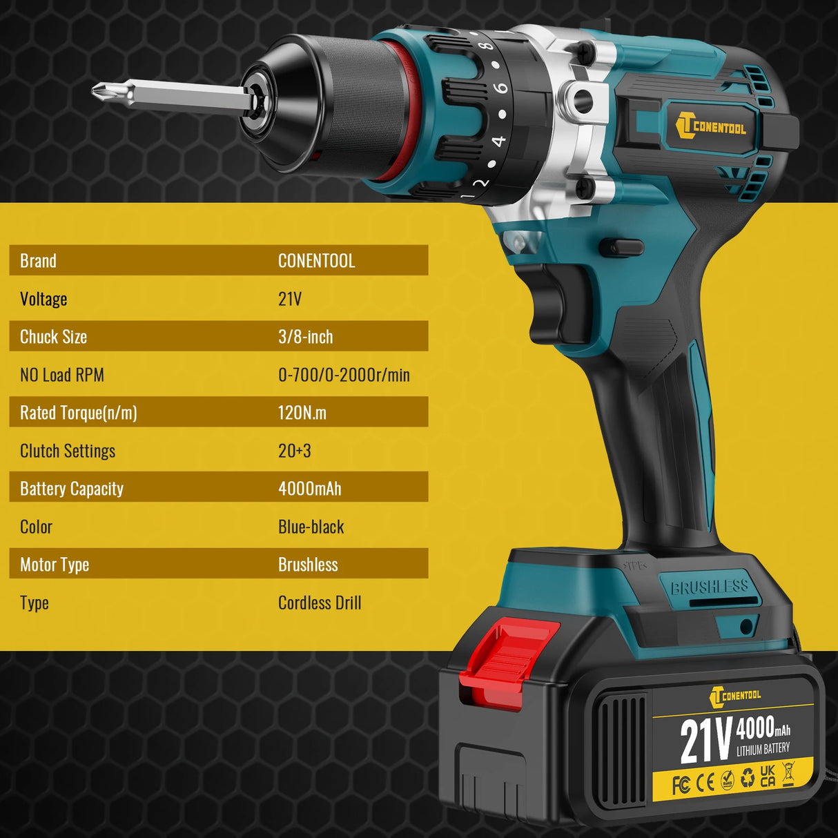 CONENTOOL Cordless Impact Wrench 520Nm 1/2" + Cordless Drill 120Nm 3/8" + 2x 4000mAh Battery + 6 Sockets + Charger + Carry Case