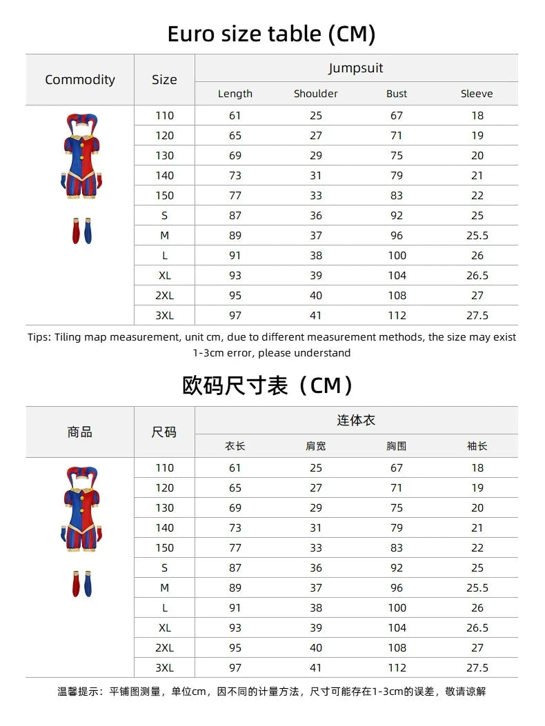 Costume de Cosplay de Clown pour femmes adultes, costume de bouffon, combinaison et chapeau bleu rouge avec gants et chaussettes