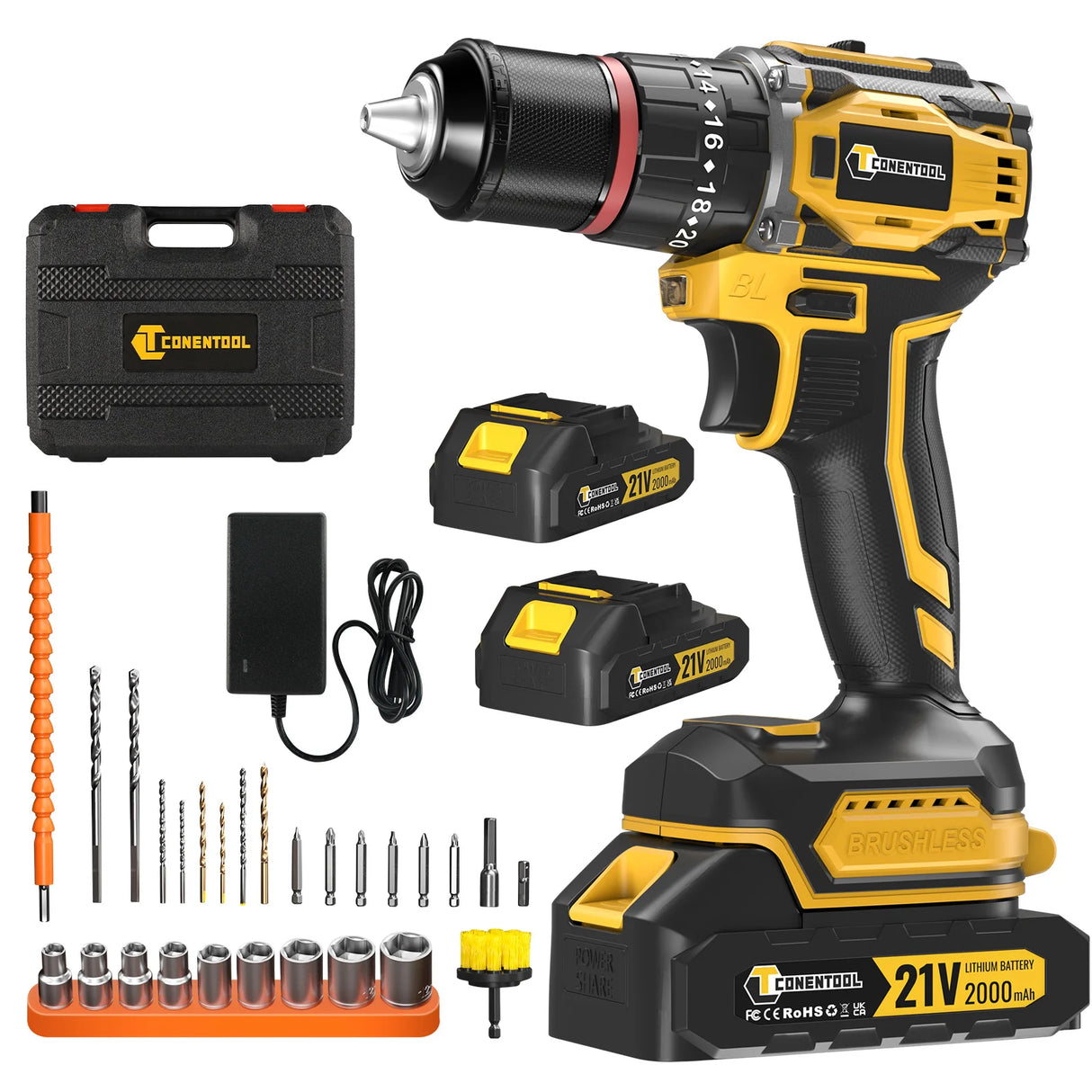 CONENTOOL 21V Brushless Heavy-Duty Impact Drill, 52N.m, 3/8" Keyless Metal Chuck, 28+3 Clutch, Cordless Drill with 2.0Ah Battery