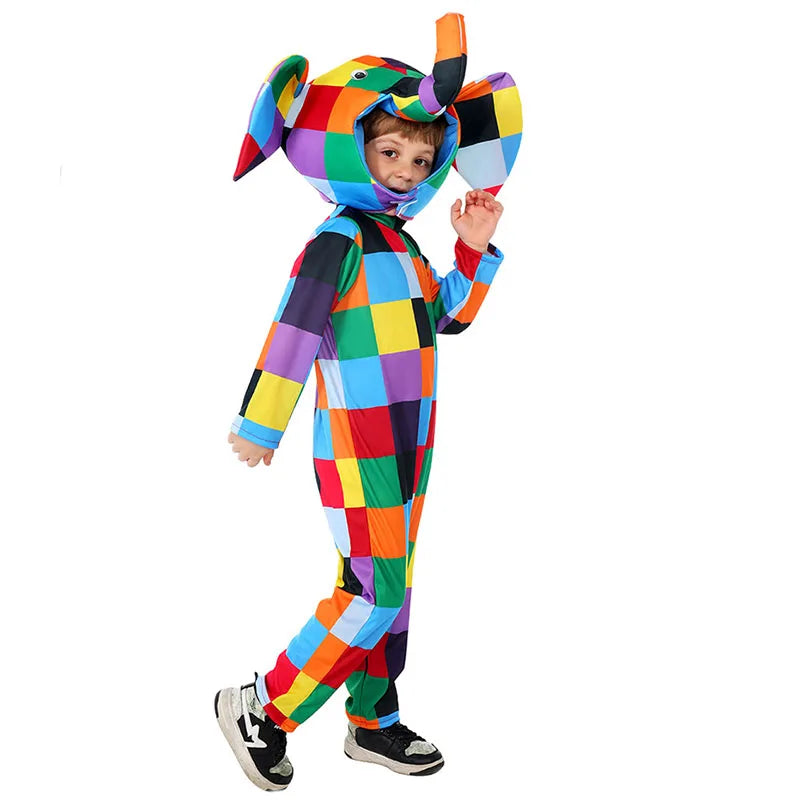 Colorful Girls Boys Elmer Elephant Costume Kids World Book Day Fancy Dress Up Halloween Patchwork Elephant Costume for Child