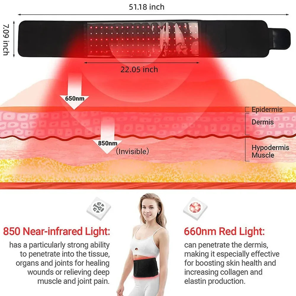 Red &Infrared LED Light Therapy Belt 850nm 660nm Back Pain Relief Wrap Burn Fat Wrap Slimming Machine Waist Heat Pad Full Body