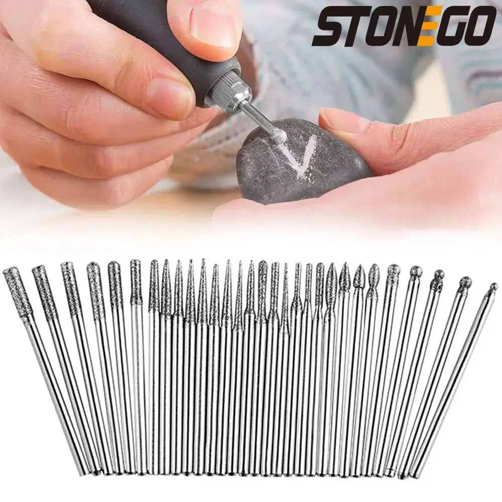 STONEGO Diamond Grinding Burr Needle Point Engraving Carving Polishing For Glass Jade Stone Drill Bit Rotary Tool