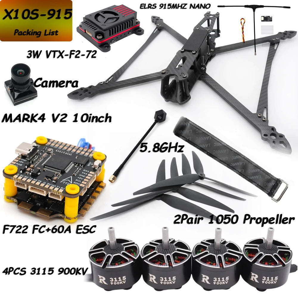Mark4 V2 10inch 427mm Frame F722 Flight Control 60A ESC 3115 900KV Motor 1050 Propeller Camera VTX Receiver Antenna for FPV Done