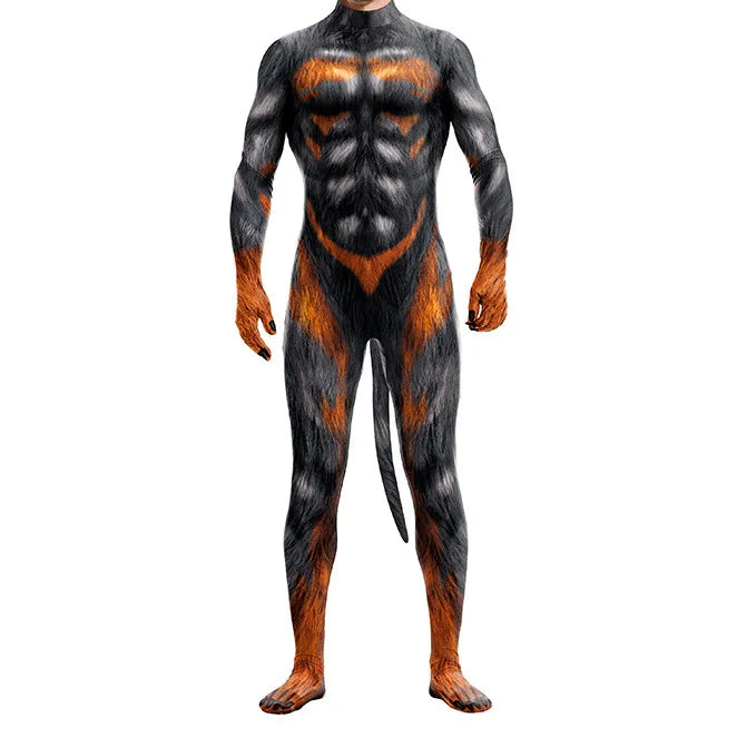 Halloween Costume Adult Mens Wild Animal Cosplay Costume Full Cover 3D Print Beast Petsuit Jumpsuit Bodysuit Tail