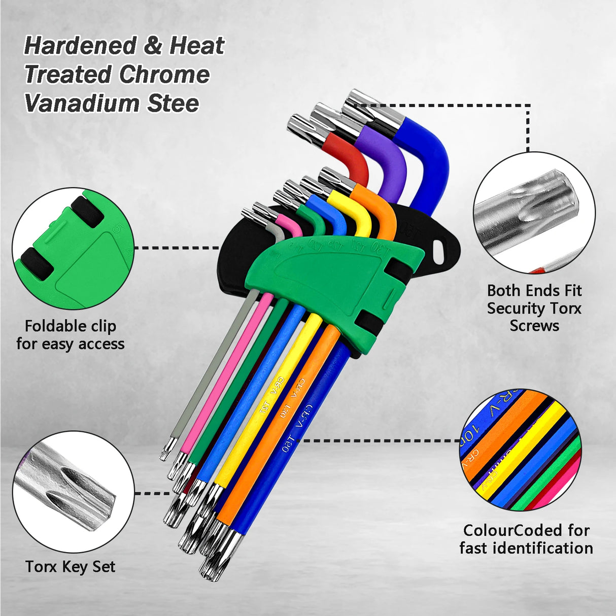 9Pcs Torx Key Set Star End Long Folding Wrench Set T10-T50 Hex Extra Security Colour Coded for Vehicle Bicycle Repairs Tool