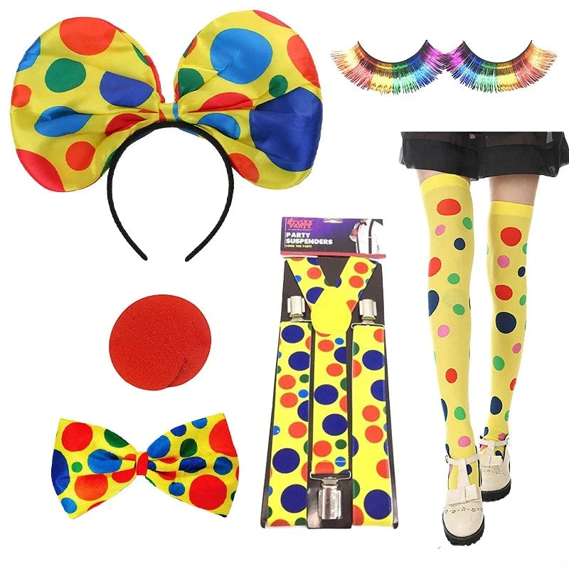 Clown Costume - Nose Wig Bow Tie Shoes Headband Gloves Hat Stockings and Vest Dress Up Cosplay Props Accessories