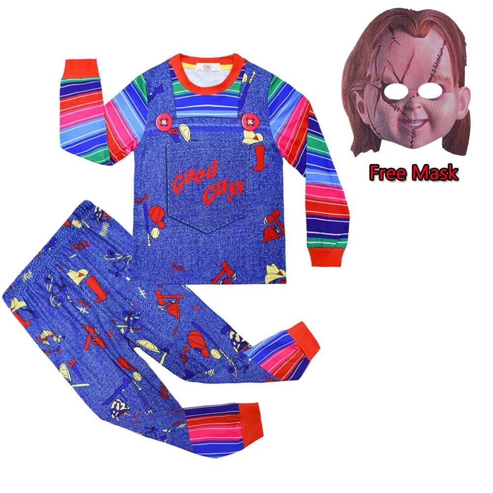 Kids Chucky Clothing for Boy Girl Long T Shirt Pants Dress Free Mask Ghost Dolls Cosplay Pyjamas Carnival Party Outfit Xmas Gift